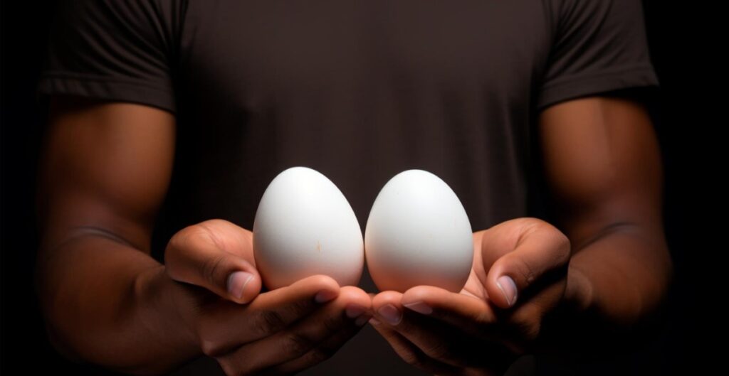 a man is holding 2 eggs in the hands