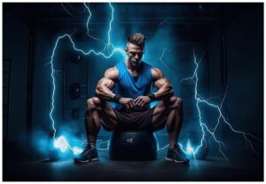 a man sitting on the ball in the gym with lightning around him