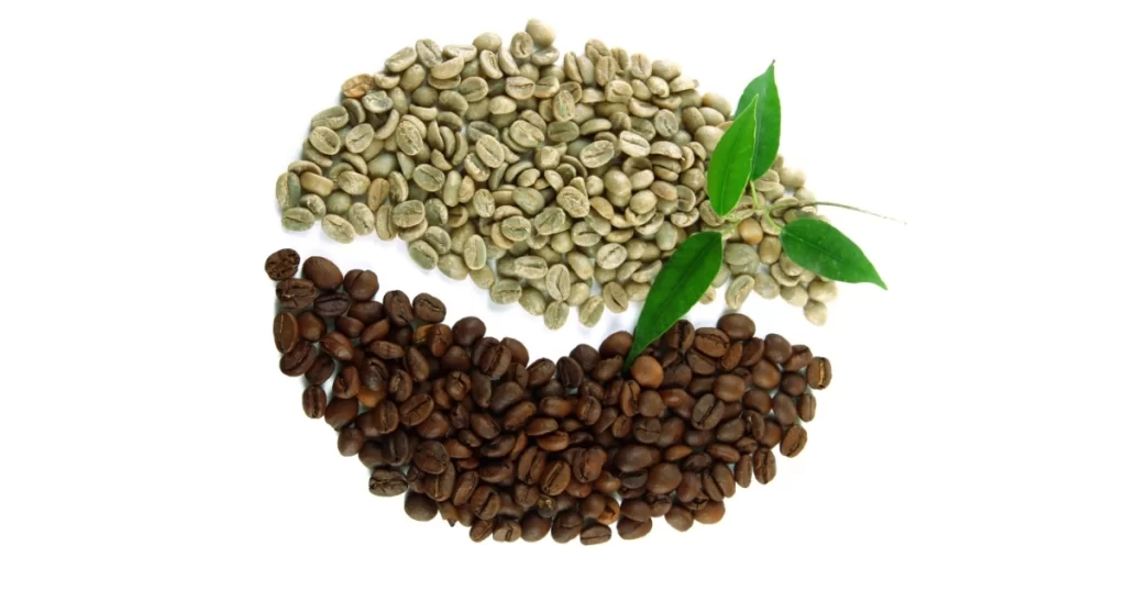 green and black coffee beans on white background