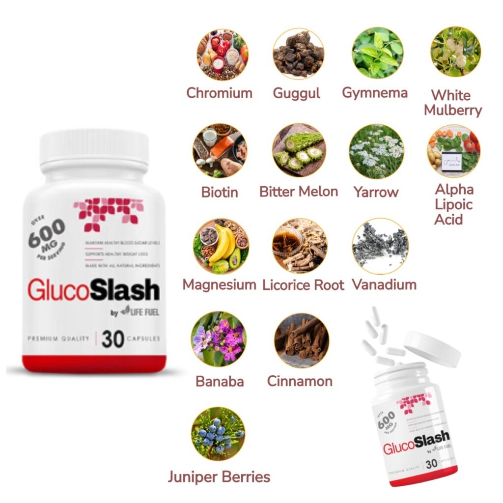 bottle of glucoslash with its ingredients