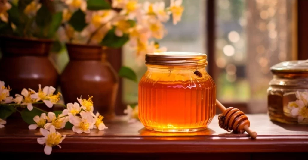 Still life with honey flowers and other products