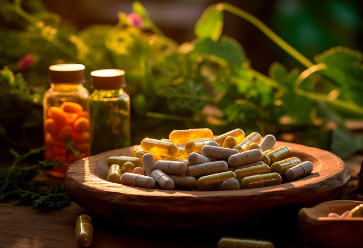 Capsules and vitamins on a wooden bowl with sunlight enhancing their colors against a green herbal