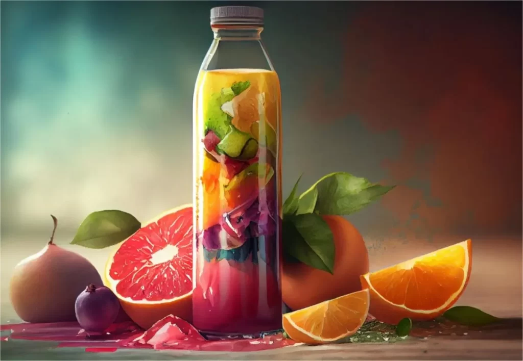 Fresh fruit and citrus slice in drinking bottle