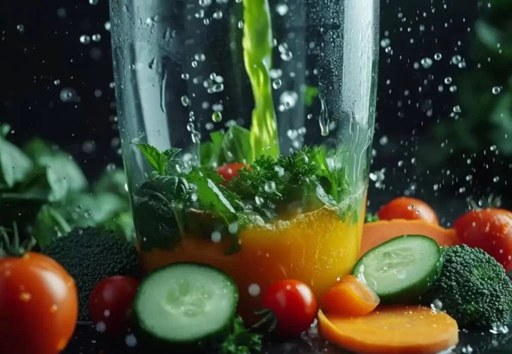 Slow motion blend Fresh organic vegetables transformed into a vibrant smoothie