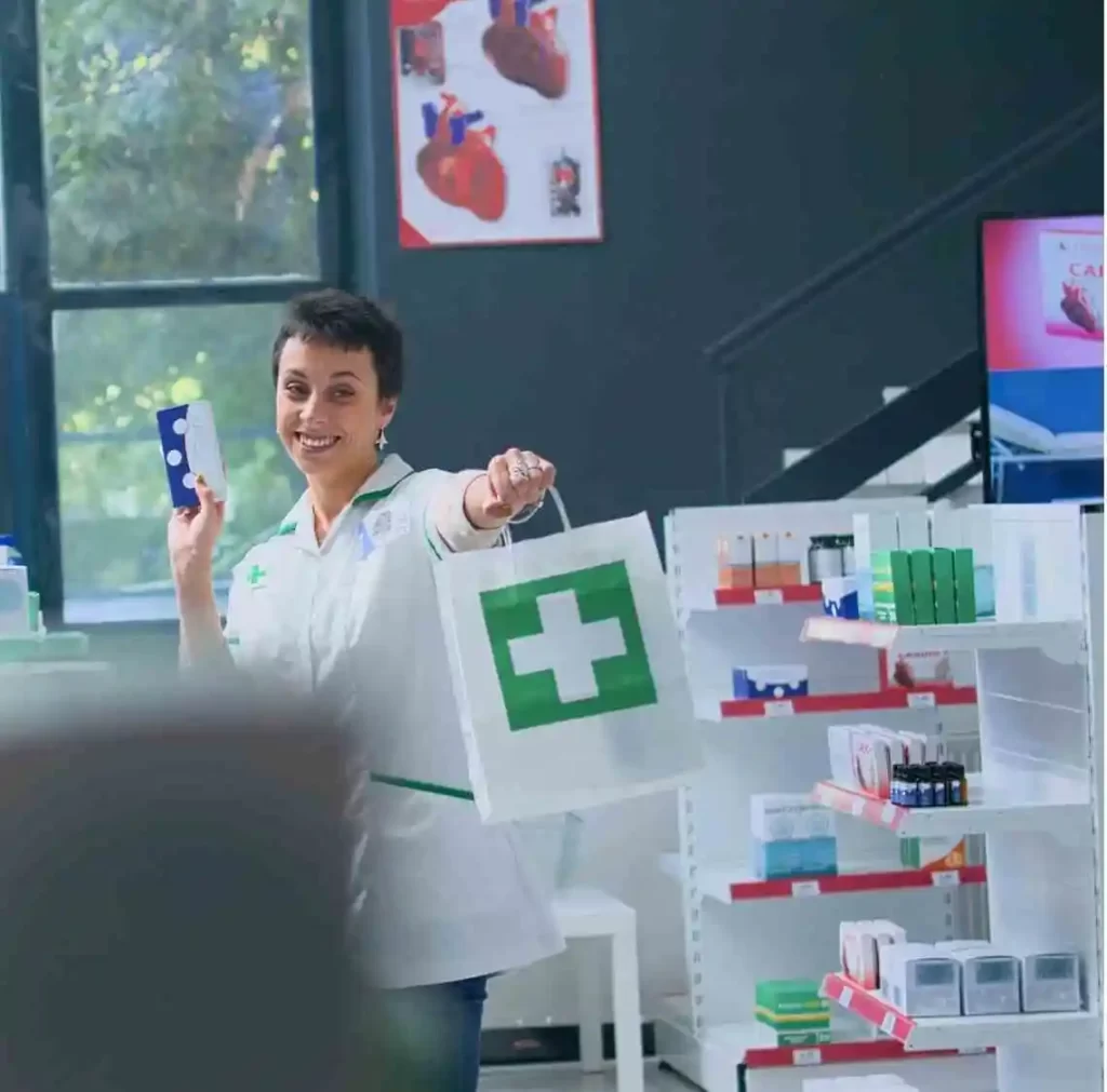 a woman is holding the bag in pharmacy