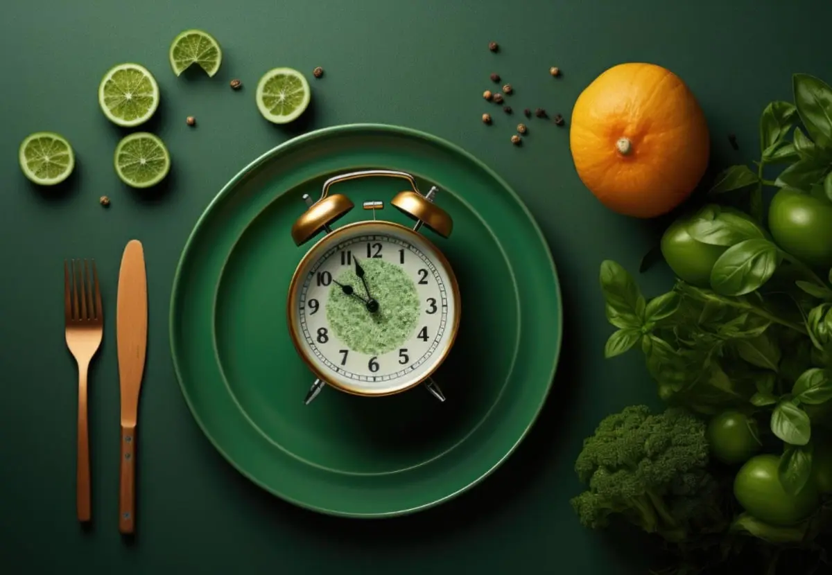 Mealtime Setting A conceptual image of a plate with food items and a nearby alarm clock serving as a reminder for scheduled meals in interval eating