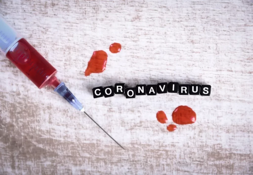 Concept coronavirus,MERS-Cov middle East respiratory syndrome coronavirus ..Inscription .Syringe and blood on wooden table.