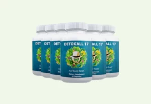 6 bottles of detoxall 17 supplement with green background