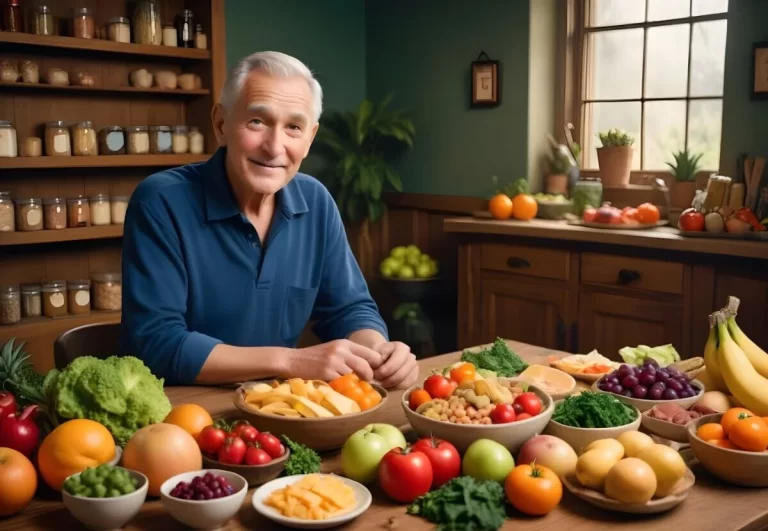 a man surrounded with healthy foods rich in vitamins and minerals