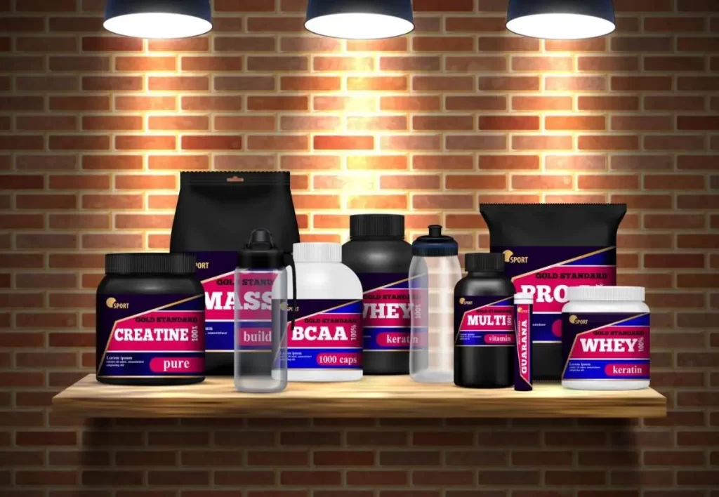 Fitness sport nutrition packages jars and drink bottles realistic composition on shelf brick wall