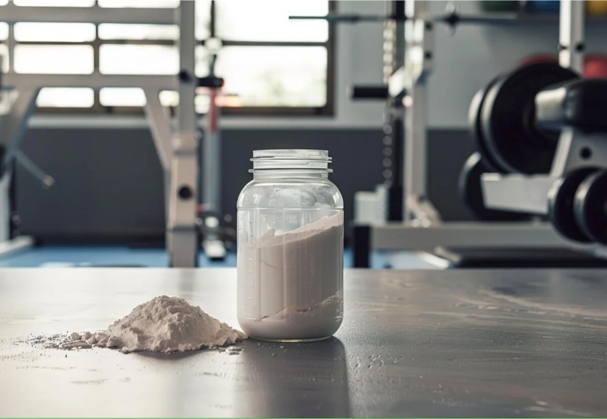 Dietary supplement container from another manufacturer with spilled powder in the gym