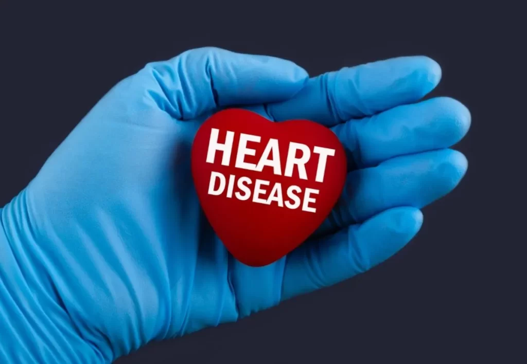 Doctor in blue gloves holds a heart with text Heart Disease, concept.