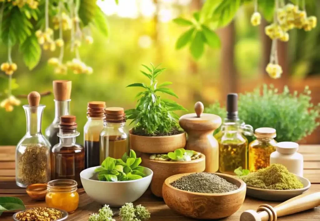 Herbal Supplements and PlantBased Products on Wooden Table Display