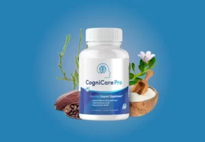 CogniCare pro product bottle with its ingredients on blue background