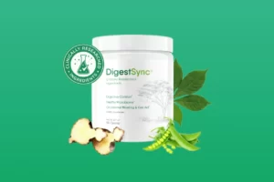 DigestSync supplement bottle on green background