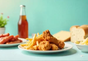 a mix of fried foods with sugary drink on white table