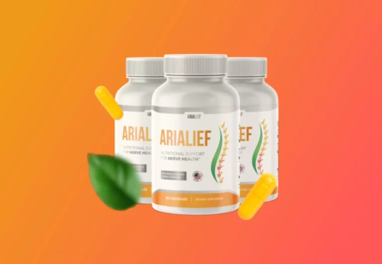 3 bottles of Arialief supplement on orange background