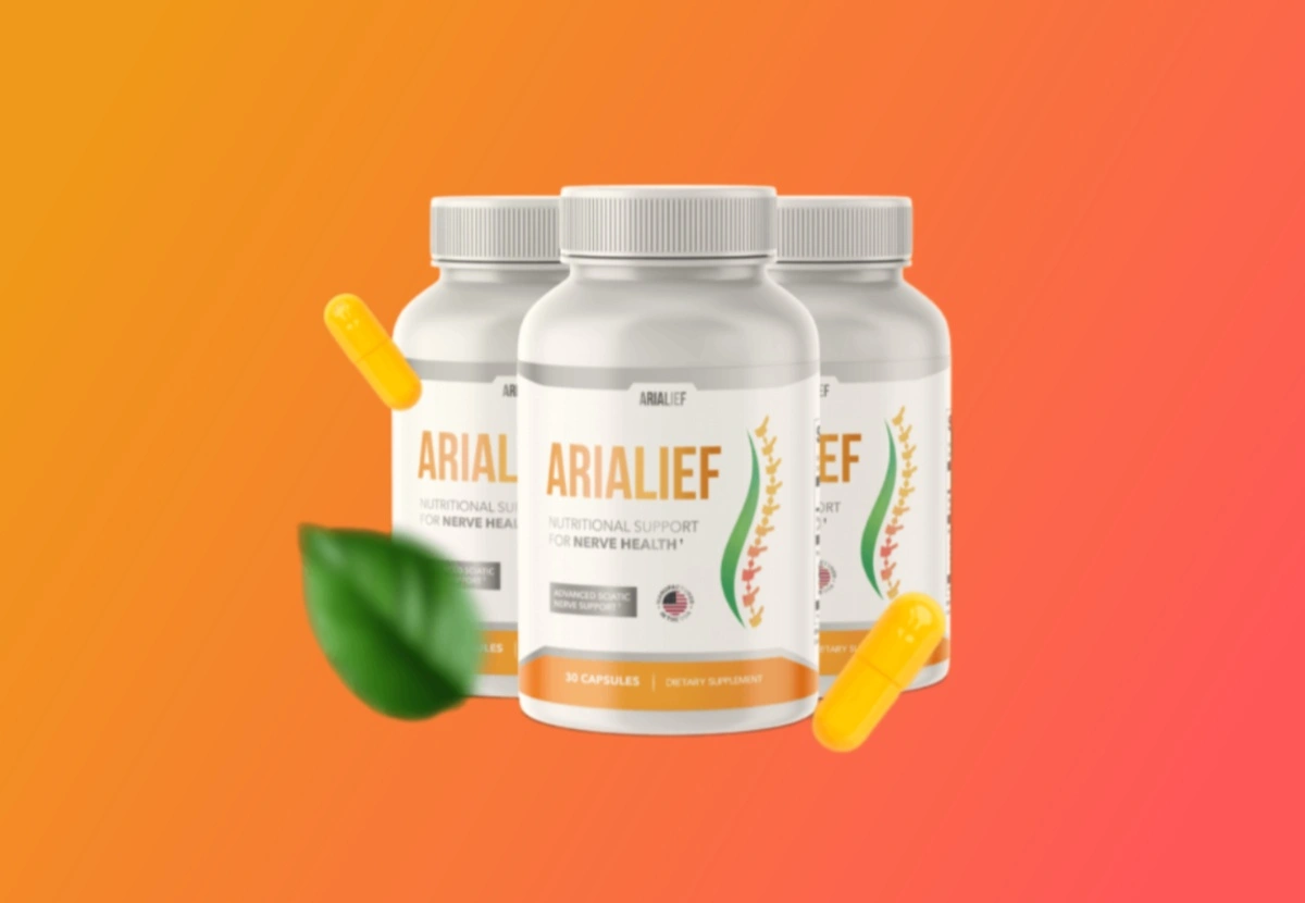 3 bottles of Arialief supplement on orange background