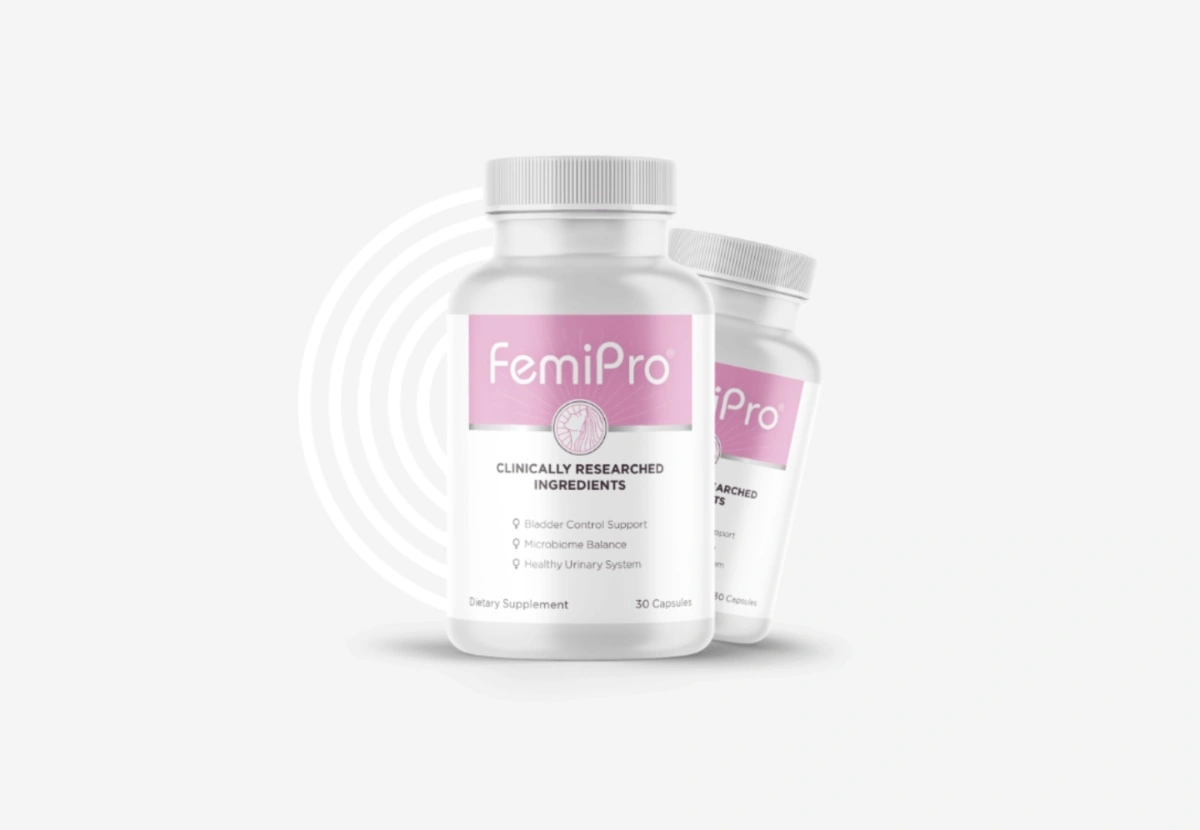 FemoPro supplement bottles on grey background