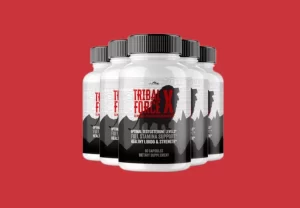 Five bottles of TribalForce X supplement on red background