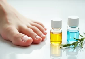 Human foot with bottles of nail care preparations