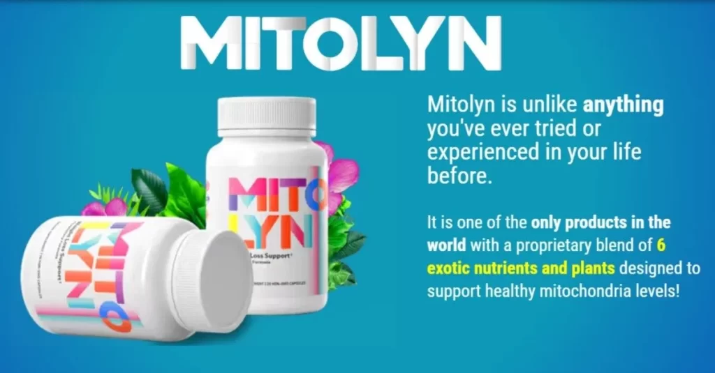 2 bottles of Mitolyn supplement on blue background with its supplement